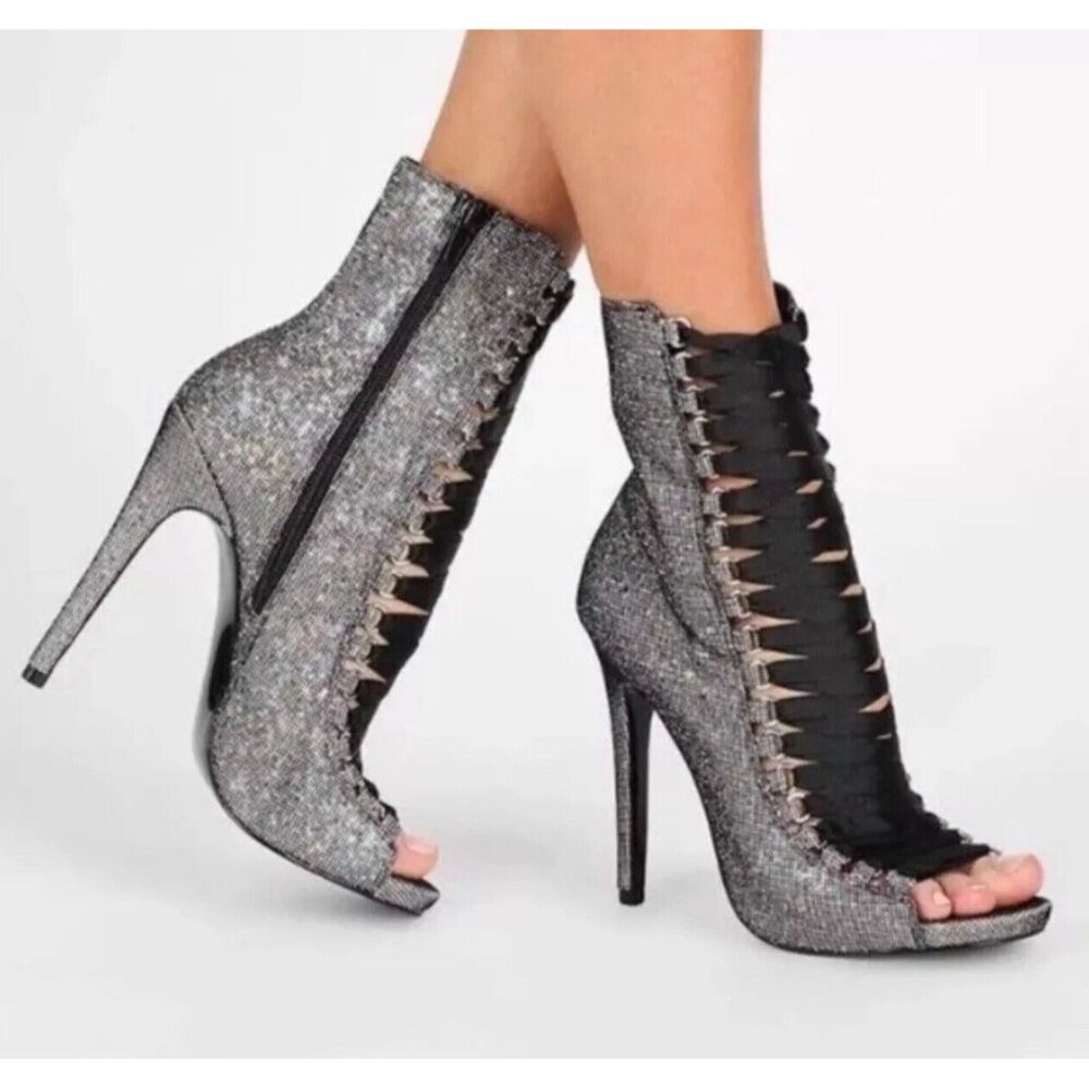 Sz 10- Steve Madden Womens Fever Sparkle Booties Laced Open Toe Heels